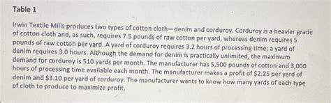 Solved Table 1 Irwin Textile Mills Produces Two Types Of Chegg