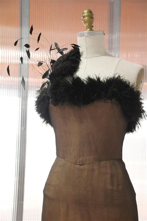 1950s Nude On Black Chiffon Strapless Cocktail Dress W Feather Flourish For Sale At 1stDibs