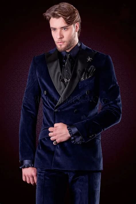 Double Breasted Navy Blue Velvet Groom Tuxedos Peak Lapel Men Suits