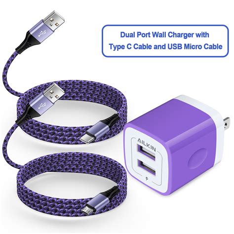 USB Micro Cable,Micro USB Cable 6ft with 2.1A USB Wall Charger,Ailkin ...