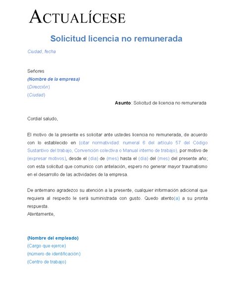 Carta Solicitud Licencia No Remunerada Solicitud Licencia No