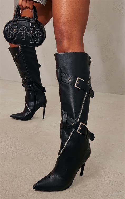 Black Pu Double Buckle Knee High Heeled Boots Prettylittlething