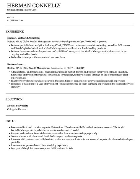 Wealth Management Associate Resume Samples Velvet Jobs