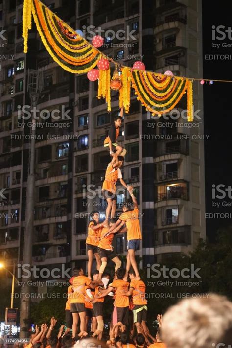 Dahi Handi Celebration At Night Stock Photo - Download Image Now - Dahi ...