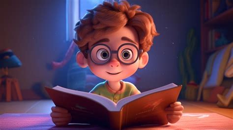 Premium Photo Cute Cartoon Boy Reading A Book Generative Ai