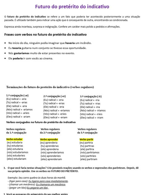 Verbos No Futuro Do Pretérito - Futuro do Pretérito: Uso e Exemplos | PDF | Artes Linguísticas e ...