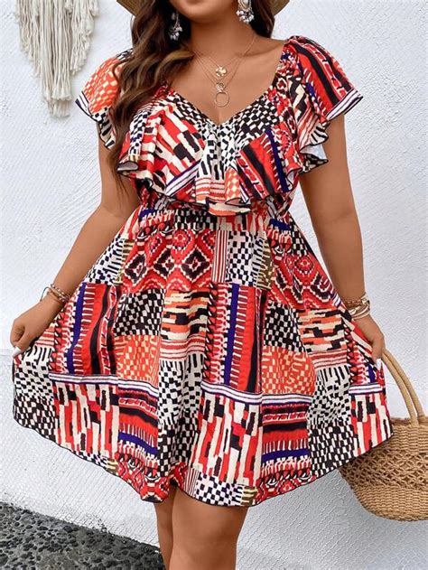 Shein Vcay Sukienki Plus Size Zmarszczony Patchwork Boho Moda Shein