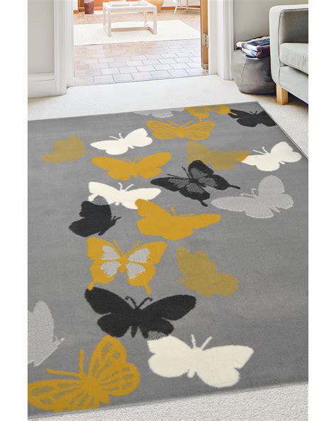 Modern Style Rugs Colourama Butterfly Rug Grey Yellow Short Pile Rug