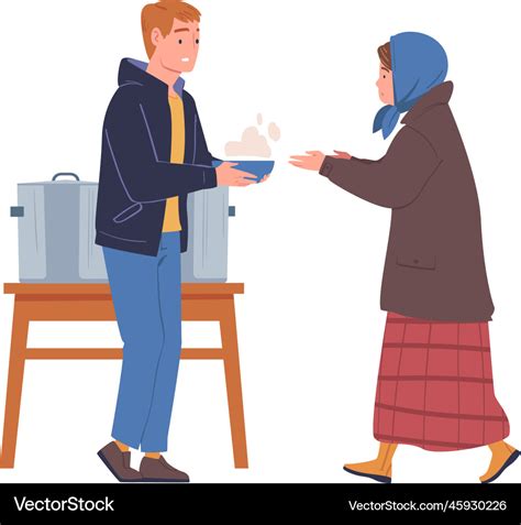 Volunteer Giving Food To Homeless People Vector Image