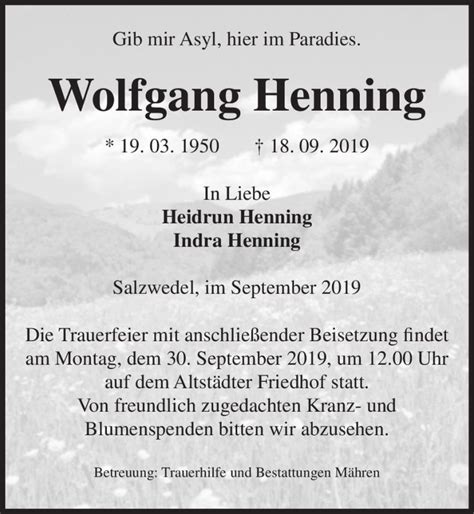 Traueranzeigen Von Wolfgang Henning Abschied Nehmen De