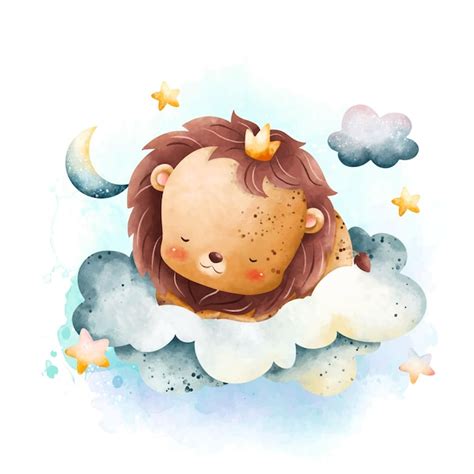 Ilustraci N Acuarela Lindo Beb Le N Durmiendo En La Nube Con Luna Y