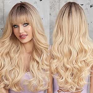 Amazon HAIRCUBE Ombre Blonde Wigs With Bangs Synthetic Women S Wig Long Wavy Layered Heat