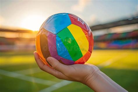 The Gay Pride LGBTQ Rainbow Flag Is Worn By A Football Player In A Stadium While Holding A Ball