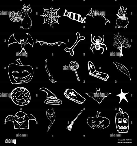 Halloween doodle set isolated on black background. Cartoon set with ...