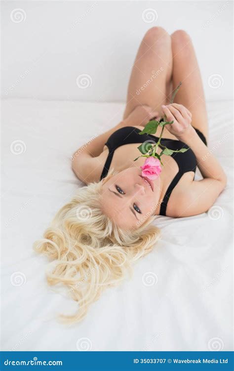 Beautiful Woman Lying In Black Lingerie With Rose On Bed Stock Image Image Of Person