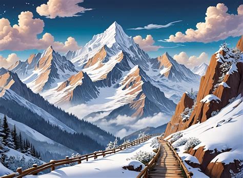 Premium Photo A Snowy Mountain Landscape With A Wooden Path Leading