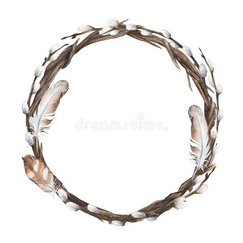 Watercolor Easter Illustration Of A Wreath With Pussy Willow And Feathers Isolated Stock