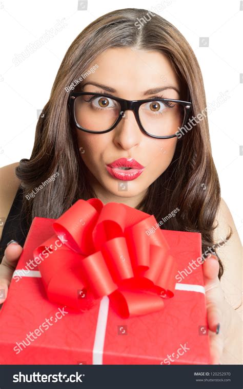 Surprised Brunette Nerd Eyeglasses Holding Present Stock Photo Shutterstock