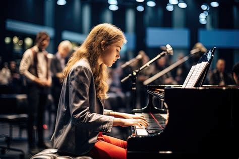 Premium Photo A Woman Sitting At A Piano In Front Of A Microphone