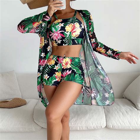 Teissuly Women S Printed Bikini Straps Bikini Deep V Sexy Split Swimsuit Set Three Piece