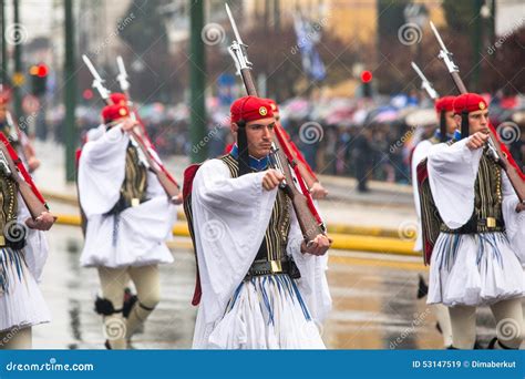 Greek Soldiers Evzones Dressed In Full Dress Uniform Refers To The