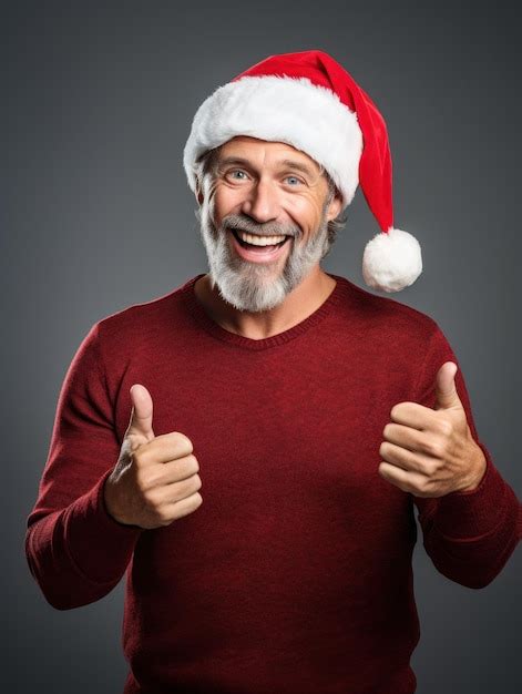 Velho Sorridente Usando Chap U De Papai Noel E Apontando Os Polegares