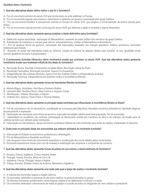 Questões sobre o Iluminismo | PDF | Iluminismo | Montesquieu