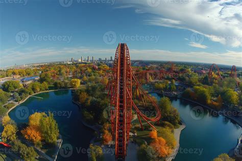 Rollercoaster rising above Six Flags Great America during autumn sunny