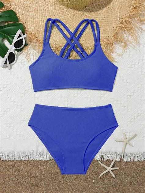 Conjunto De Bikini Para Niñas grandes Correa De Hombro Dividida Venda Cruzada Color
