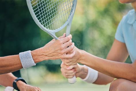 Hands Together Tennis Racket And Coach With Woman Athlete Support And