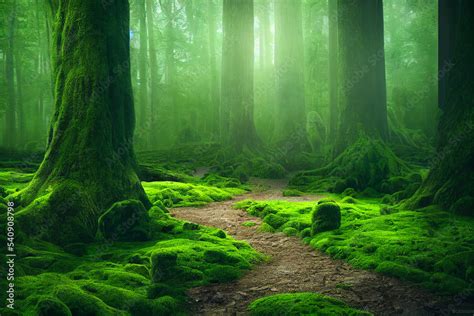 Misty Foggy Green Celtic Forest With Moss Lush Foliage Calm Nature