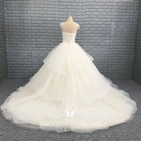 Beaded Illusion Ivory Tiered Organza Wedding Ball Gown Vq