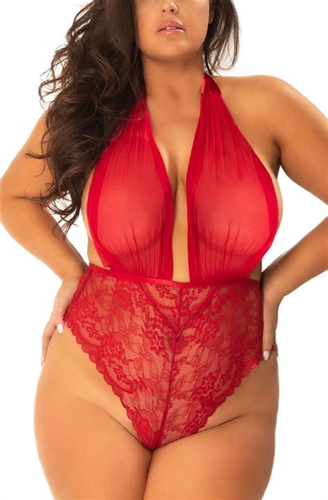 Plus Size Lingerie For Women Deep Plunging See Thru Lace Teddy High Waist Halter Self Tie Sexy
