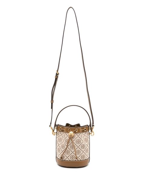 Tory Burch T Monogram Jacquard Bucket Bag In Brown Modesens