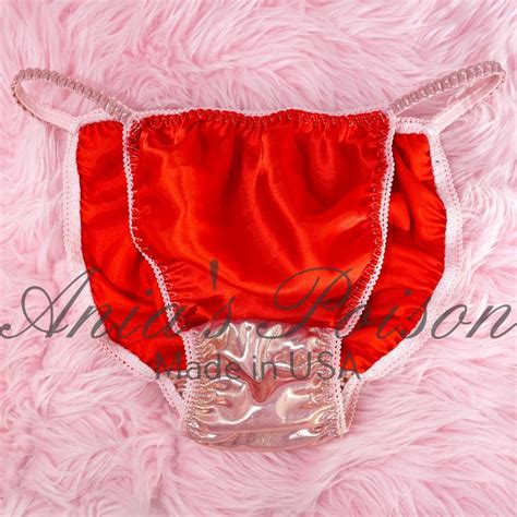 Anias Sissy Satin Red String Bikini Pink Metallic Foil Crotch Shiny Wetlook Mens Panties Sz L