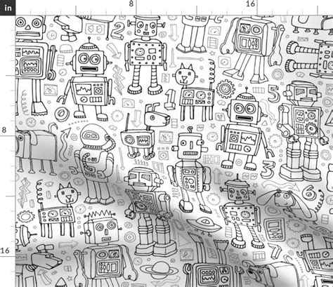Robot Pattern Black And White Large Fabric Spoonflower