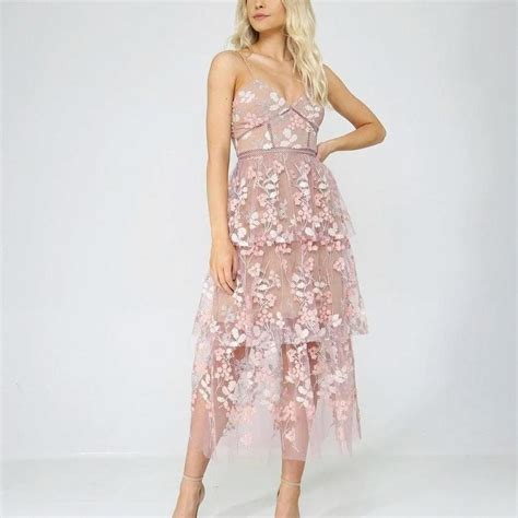 Nude Tan Midi Dress With A Layer Of Sheer Floweral Depop