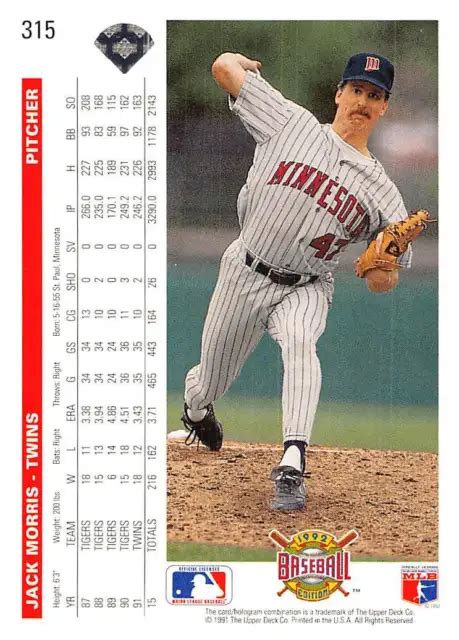 CARTE BASEBALL JACK Morris 1992 Upper Deck 315 Minnesota Twins EUR 1 09