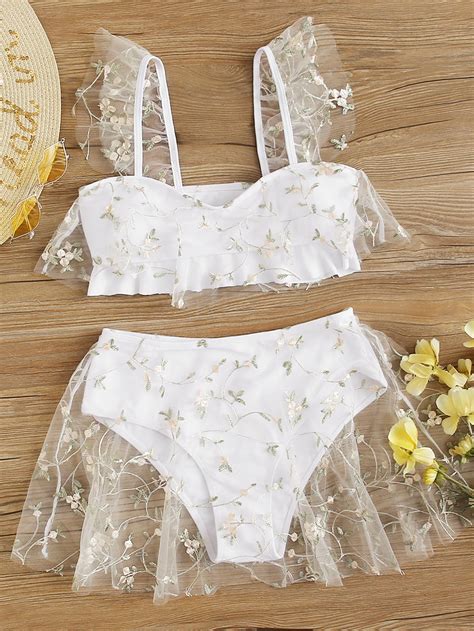Shein Swim Mod Floral Embroidered Mesh Overlay Bikini Set Ruffle Hem Top High Waisted Skort