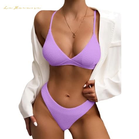 Women Pure Colour Designer Bikini Two Piece Suspenders Swimsuit Purple