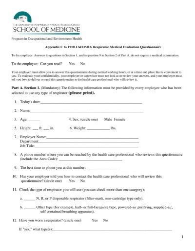 Osha Respirator Medical Evaluation Questionnaire