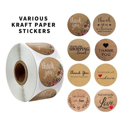 Round Natural Kraft Thank You Sticker Seal Labes Pcs Roll Hand Made