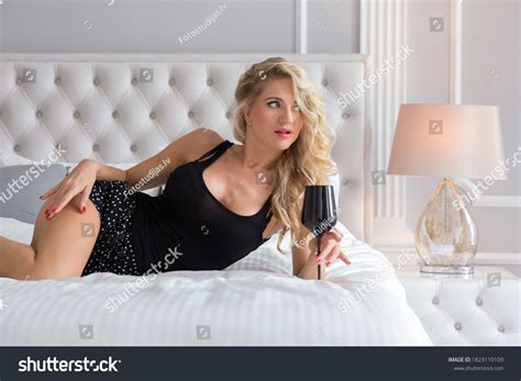 Sexy Blonde Black Dress Poses On Stock Photo Shutterstock