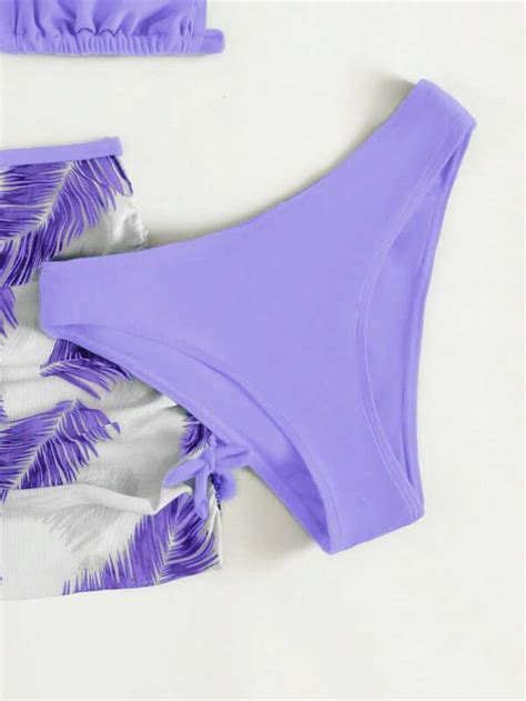 Chica adolescente Bañador bikini con con estampado tropical Falda de playa Moda de Mujer