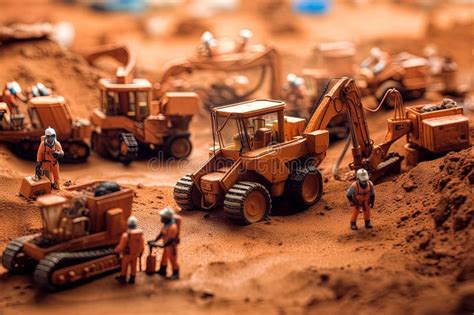 Tiny Workers on Mars with Little Excavators. Generative AI Stock ...