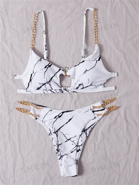 Shein Swim Summer Beach Marble Print Chain Linked Bikini Set Shein Uk