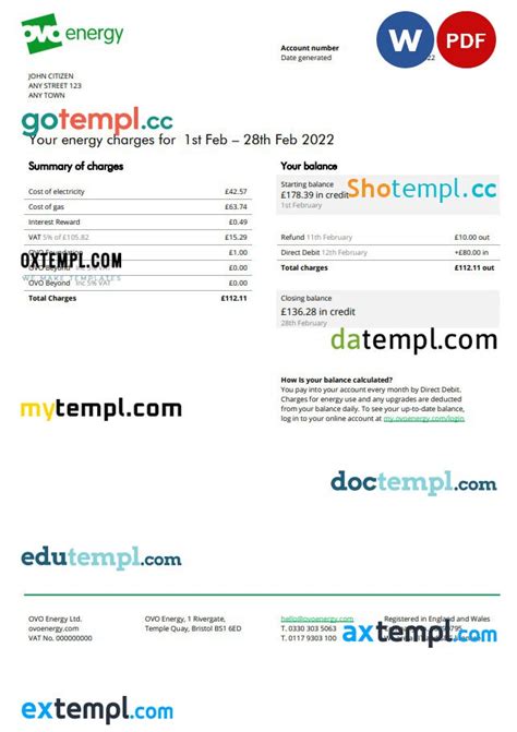 United Kingdom Ovo Energy Electricity Utility Bill Pdf And Word