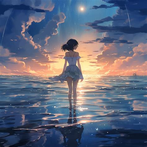 Premium AI Image | anime girl walking on water ripples dawn background ...