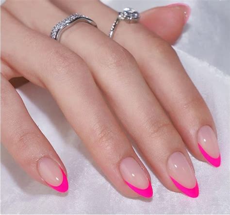 French Tip Press On Nails Almond BTArtbox Hot Pink Press On Nails Short Stick On Nails For
