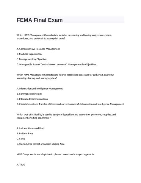 FEMA Final Exam: NIMS Management Characteristics and ICS Components